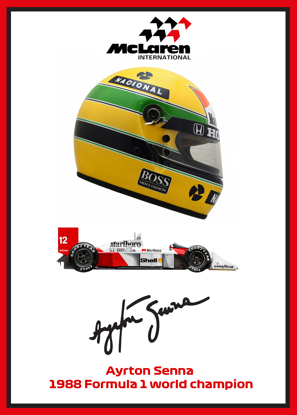 Ayrton Senna 1988 signed F1 helmet art print – limited edition A3 poster a